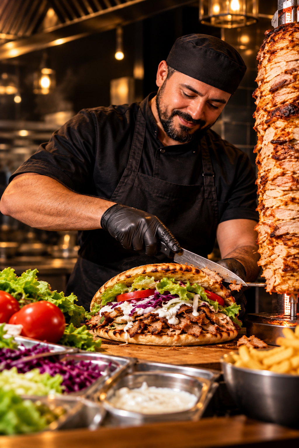 Le chef de Chez Toto garnissant un sandwich kebab garni de crudités, à côté de la broche