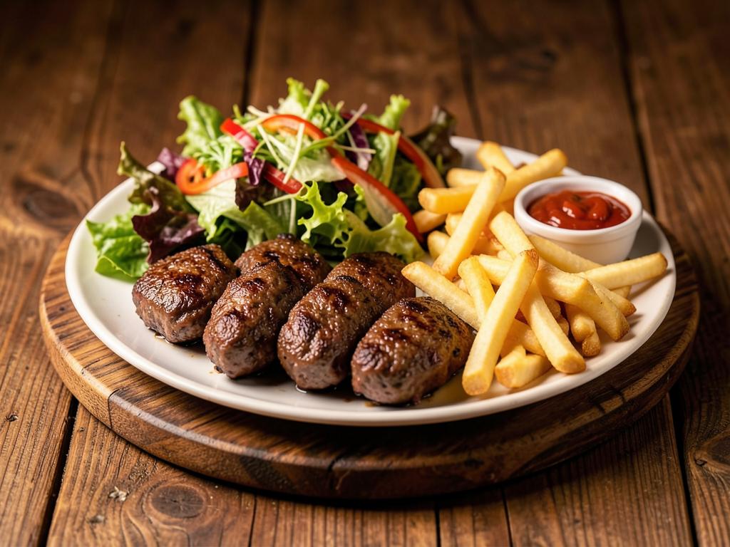 Assiette garnie de viande grillée, salade et frites
